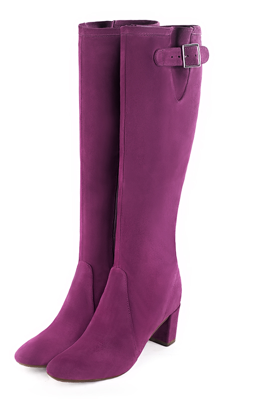 Mulberry purple women's knee-high boots with buckles. Round toe. Medium block heels. Made to measure - Florence KOOIJMAN